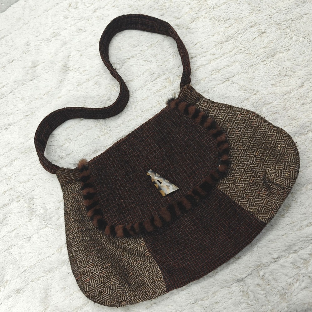 Frittelli & Lockwood Tweed Patchwork Shoulder Bag Fur Trim‎ Cottagecore
